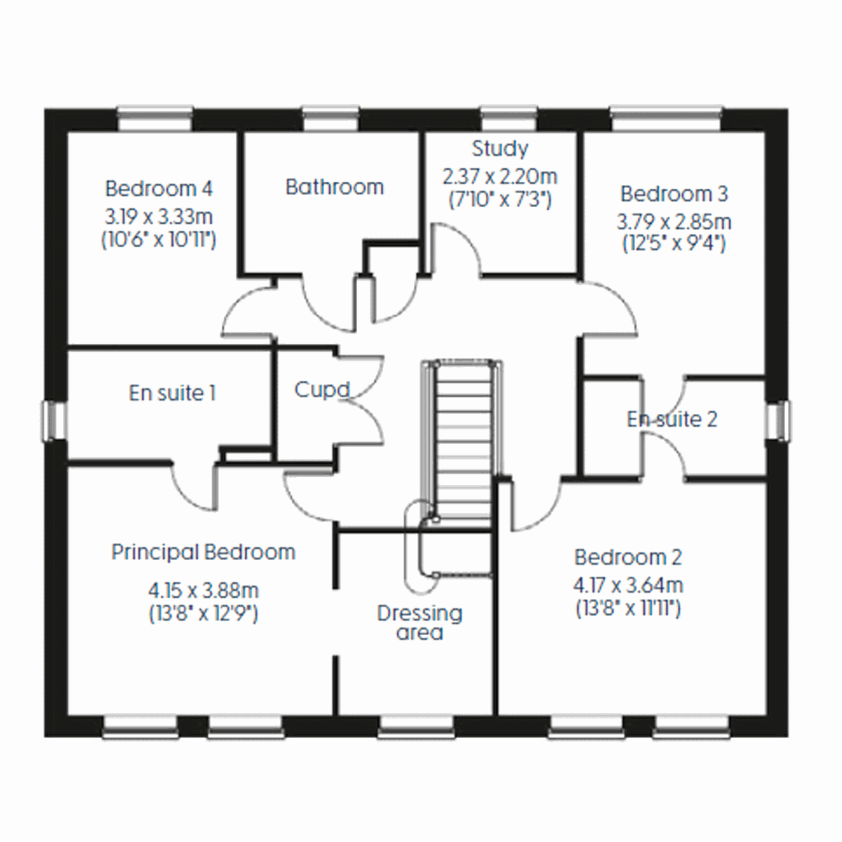 First floor plan showing four bedrooms, study, dressing area, bathroom.