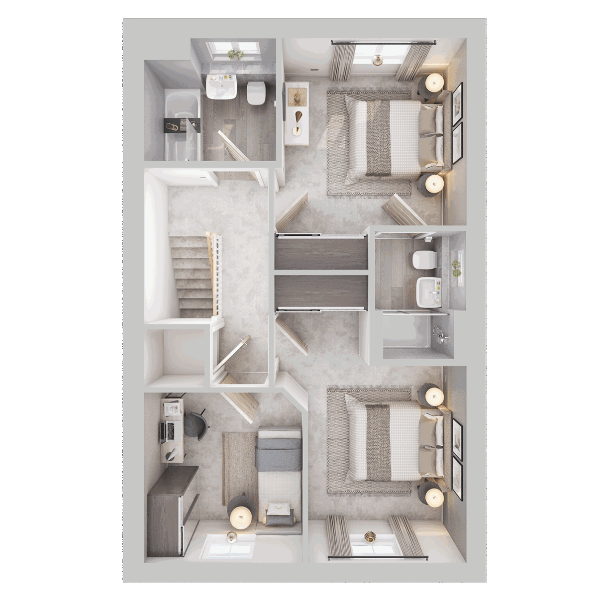 Studland first floor plan at Monarch Walk with three bedrooms, study space, en suite and family bathroom.