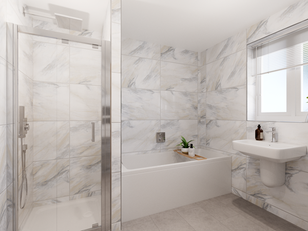 Modern Bathroom with Walk-In Shower, Bathtub and Marble-Effect Tiles