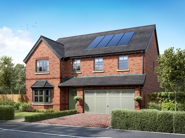 Red brick detached house with grey tiled roof, black double garage door, white-framed windows and landscaped front garden.