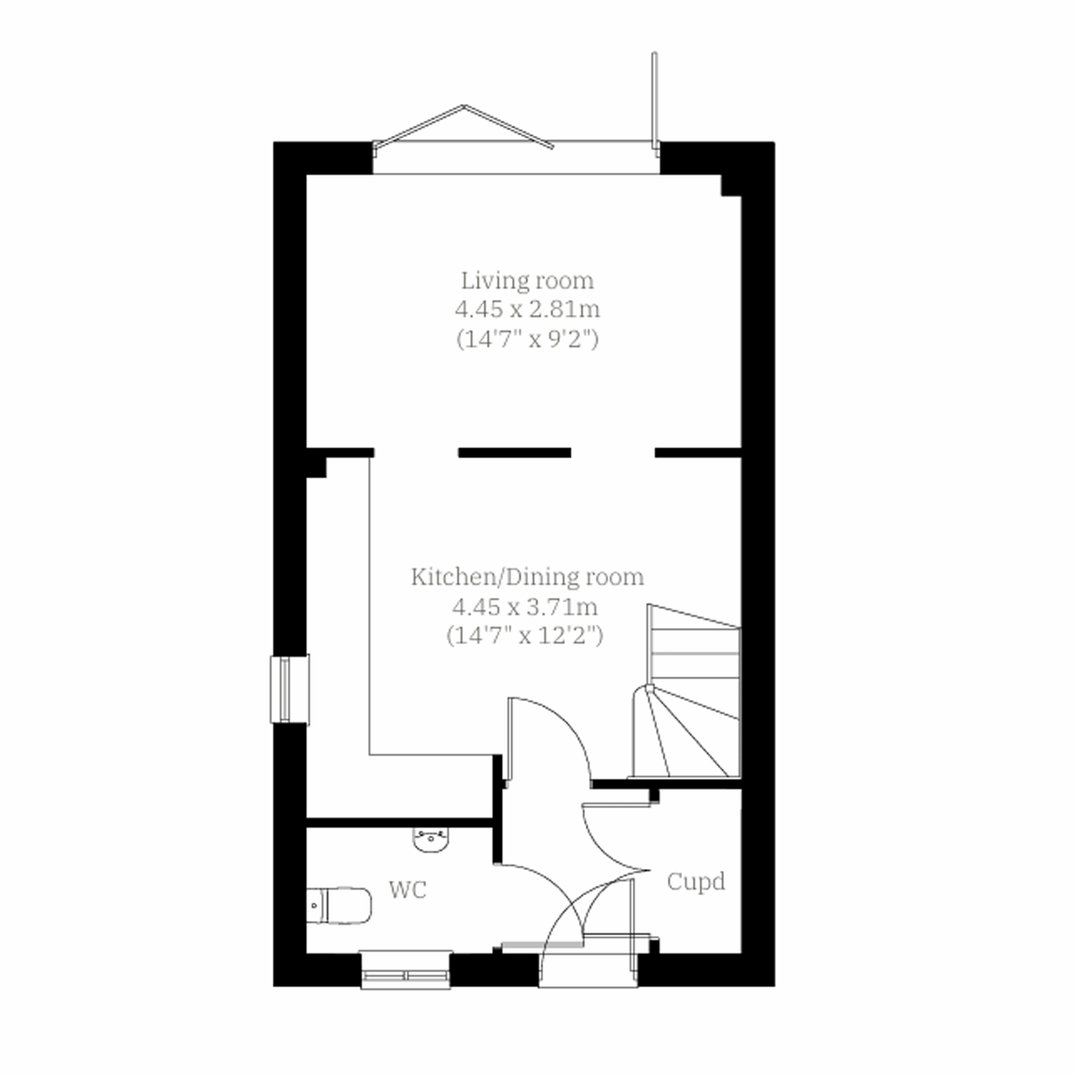 Ground floor plan of a two-bedroom home with kitchen dining room, separate living room and downstairs WC