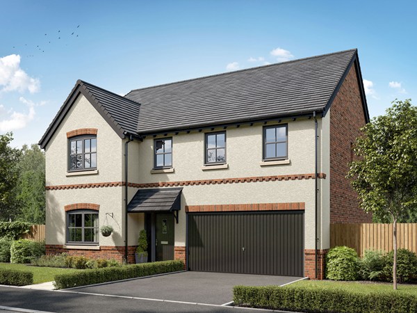 Front view of the Broadhaven new build home with garage at Manor Grove.