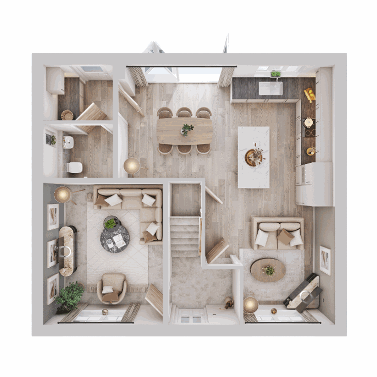 Ground floor plan showing an open-plan kitchen and dining area, living room and hallway.