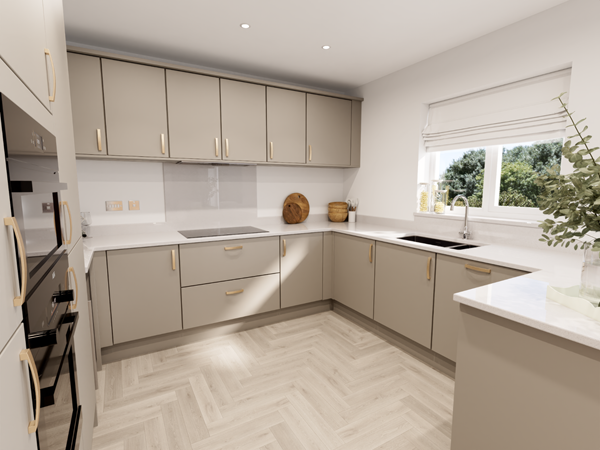 A beautiful interior shot of a Hastings new build home by Charles Church, with clay coloured cabinets.
