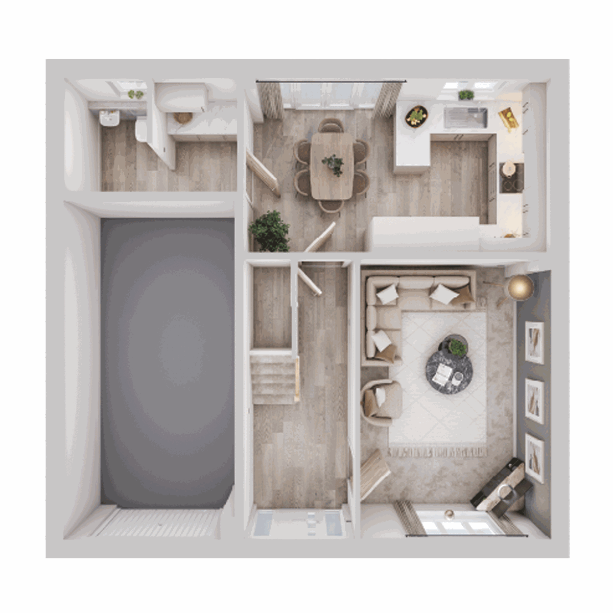 3D floor plan showing the living room, kitchen dining room and garage.