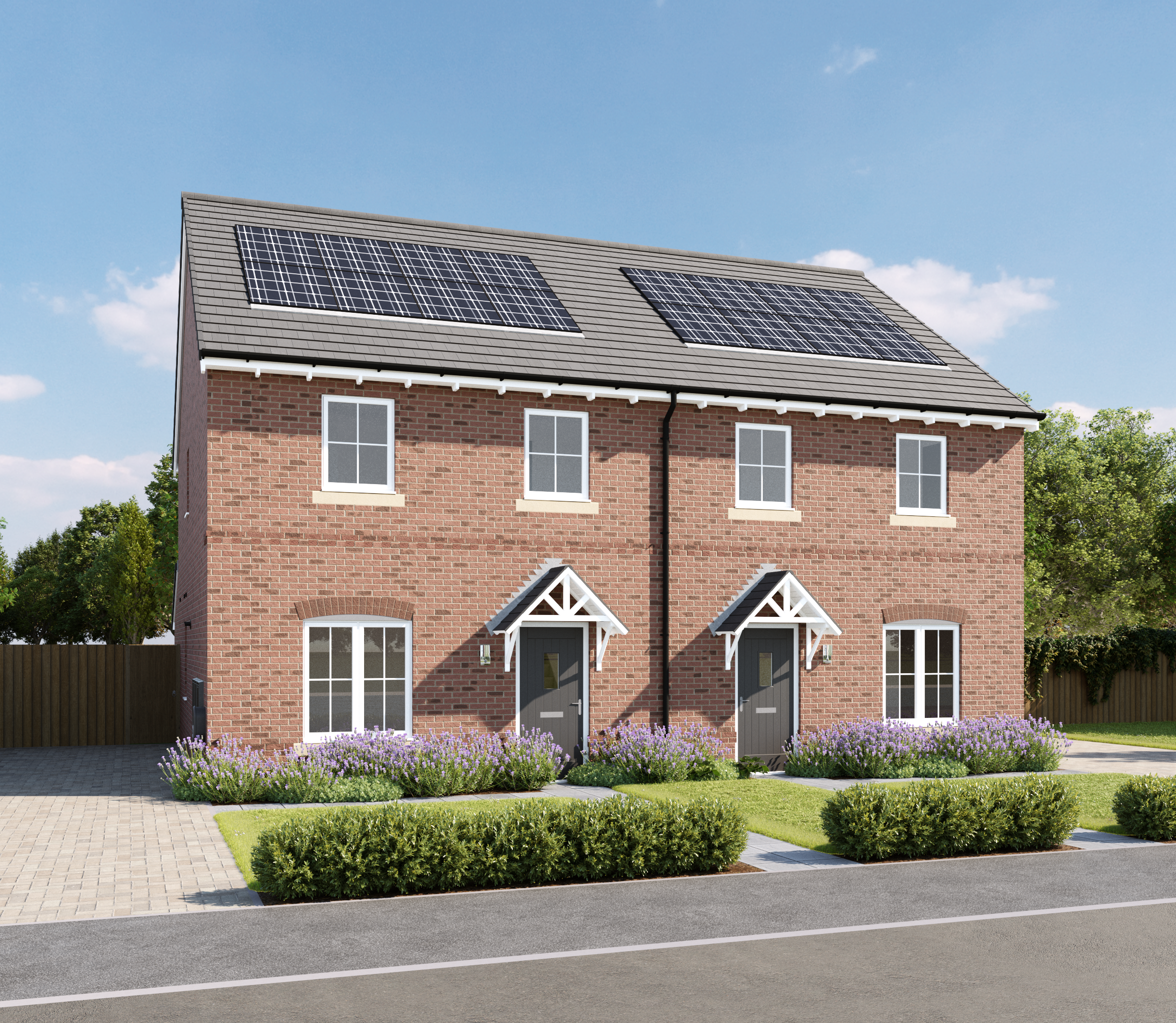 Modern red brick semi-detached homes with solar panels, grey doors, landscaped garden and driveway