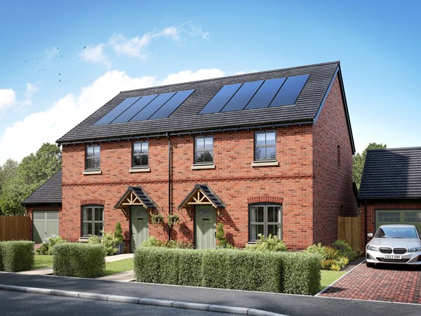 Modern red brick semi-detached homes with solar panels, grey doors, landscaped garden and driveway