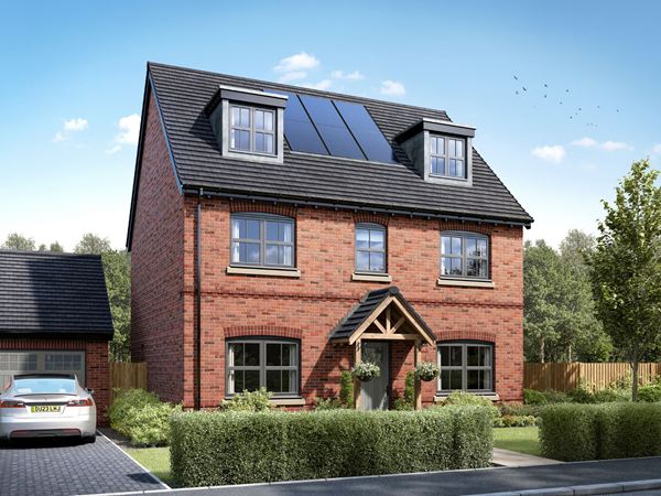 An exterior shot of a red brick detached five bedroom family home, the Kingsand, by Charles Church, against a blue sky.