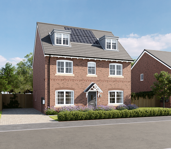 An exterior shot of a red brick detached five bedroom family home, the Kingsand, by Charles Church, against a blue sky.