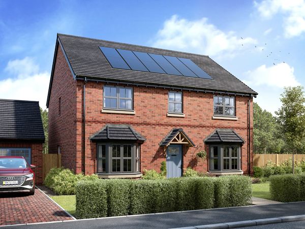 The exterior of a red brick detached premium new five bedroom home by Charles Church against a blue sky.