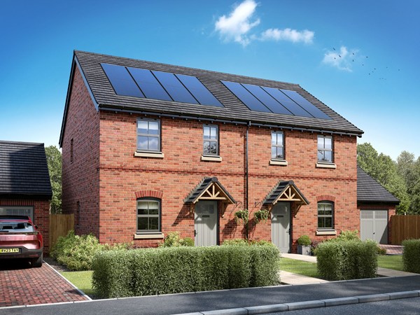 Modern red-brick semi-detached house with grey doors, pitched roof and landscaped front garden on a sunny day