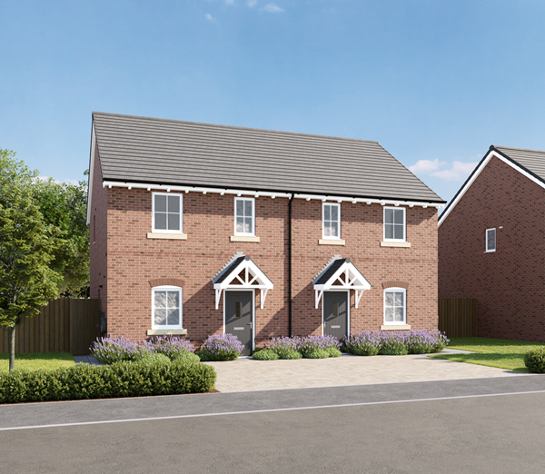 Modern red-brick semi-detached house with grey doors, pitched roof and landscaped front garden on a sunny day