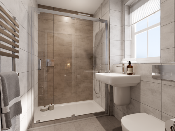 A beautiful modern bathroom in the Hastings new build home by Charles Church, with clay coloured tiles.