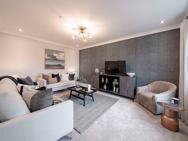 An interior shot of a modern Charles Church living room with grey accents and a grey feature wall. 