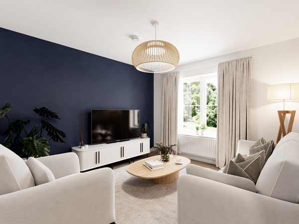 Stylish living room with navy feature wall, light sofas, wooden coffee table, large TV unit, and window bringing in natural light