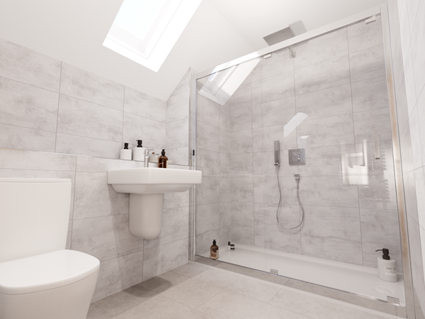 Modern ensuite bathroom with skylight, walk-in glass shower, white basin and toilet, light grey tiled walls and floor