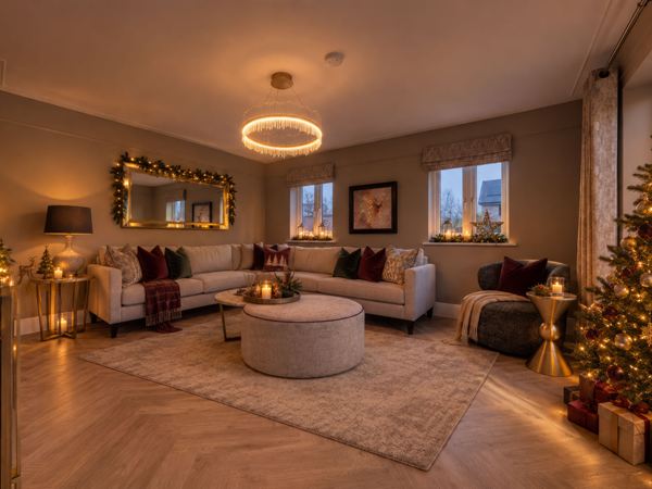 Show home living room with Christmas tree and festive decorations at Festival Park.