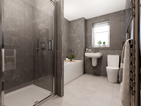 Contemporary bathroom with dark marble-effect tiles, walk-in glass shower, bathtub, white basin and toilet under bright light
