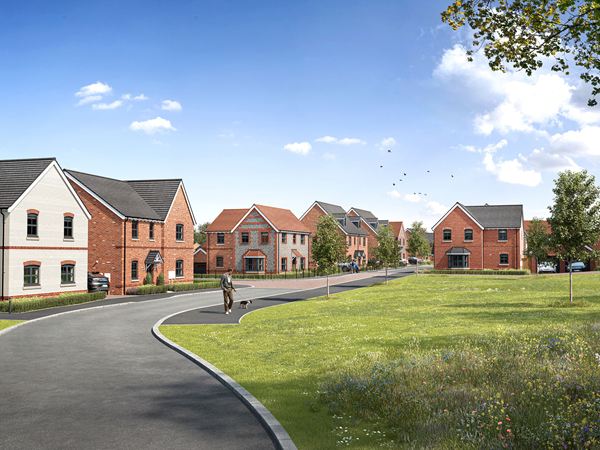 Street scene showing new build homes, green open space and landscaped road.