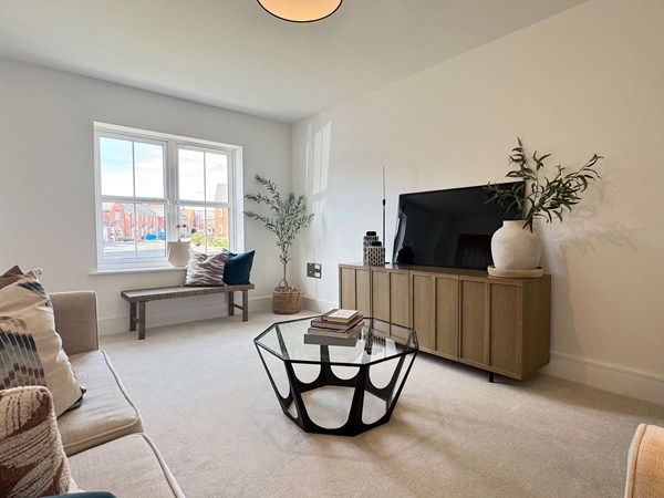 Living room with sofa, television, coffee table and window