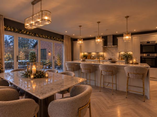 Open-plan show home kitchen with festive decorations at Festival Park.