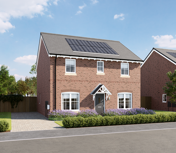 Two-story detached brick house with a gray tiled roof and solar panels. Features white-framed windows, a small porch with a gray front door, and a paved driveway on the left. Lavender plants line the front garden, and the house is set against a clear blue sky.