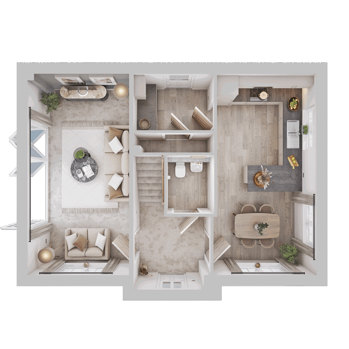 Eskdale ground floor plan at Monarch Walk with open-plan kitchen and dining, lounge, WC and utility.