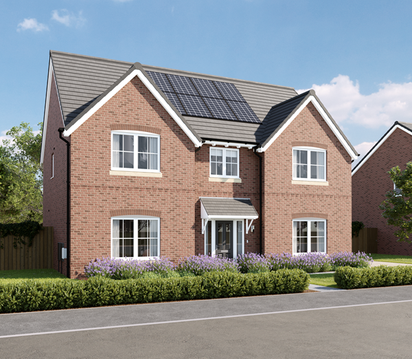 An exterior photograph of a red brick Charles Church home, the Heysham, against a blue sky with solar panels.