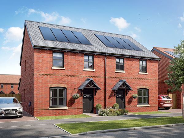 Semi-detached red brick home with solar panels, driveways and landscaped frontage.