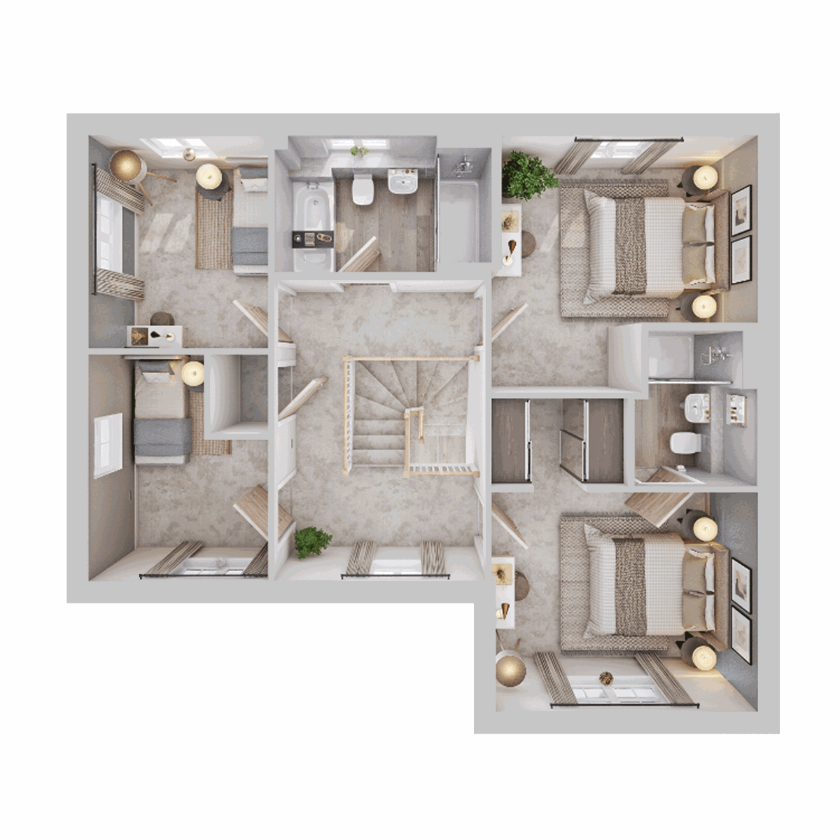 First floor plan showing four bedrooms, bathroom, en suite and landing area.
