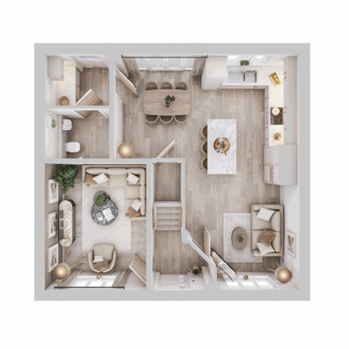 The Chopwell showing a front living room, central hallway with stairs and WC, utility room, and an open-plan kitchen/dining room with island and garden access.