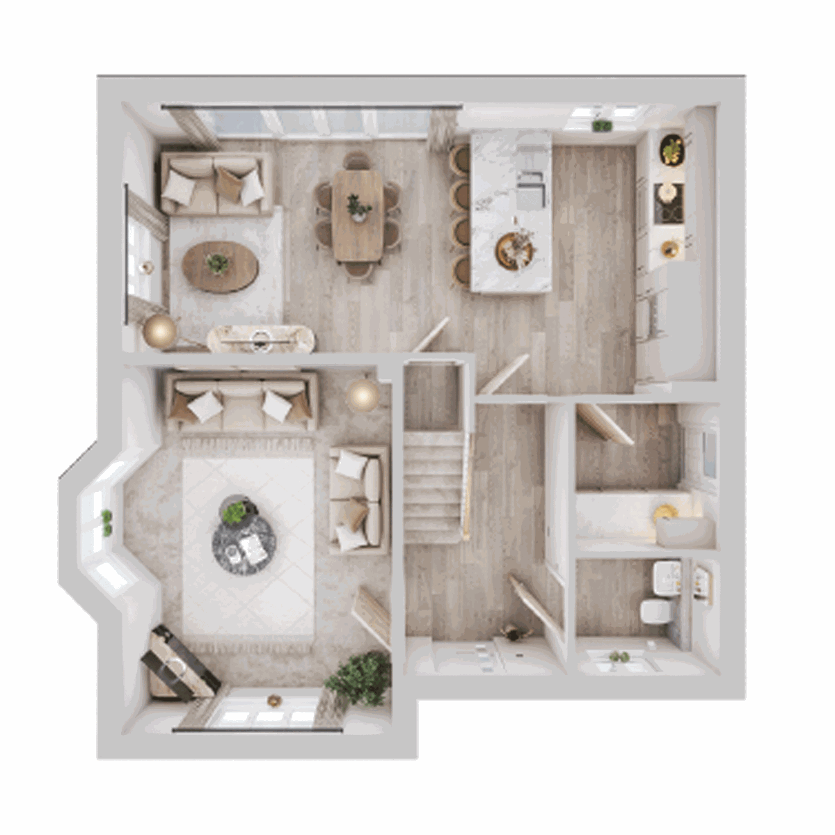 Ground floor layout with open plan kitchen and living room at The Hedgerows.
