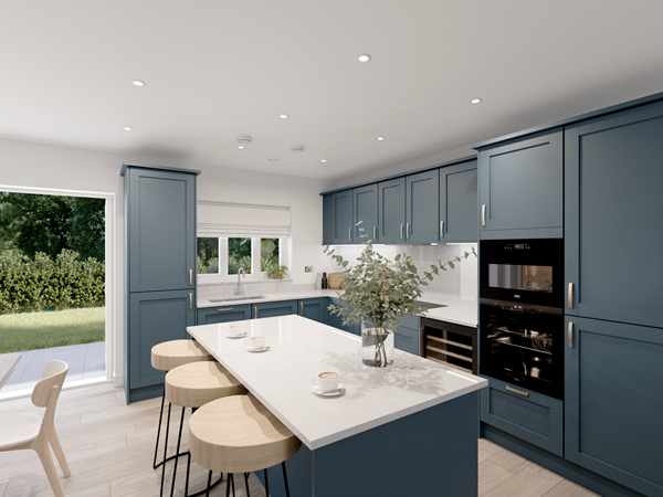 Modern kitchen with navy blue cabinets, white countertops, and a central island featuring wooden bar stools and a glass vase with greenery. Built-in appliances, including an oven and wine cooler, are integrated into the cabinetry. A large window and open door provide natural light.