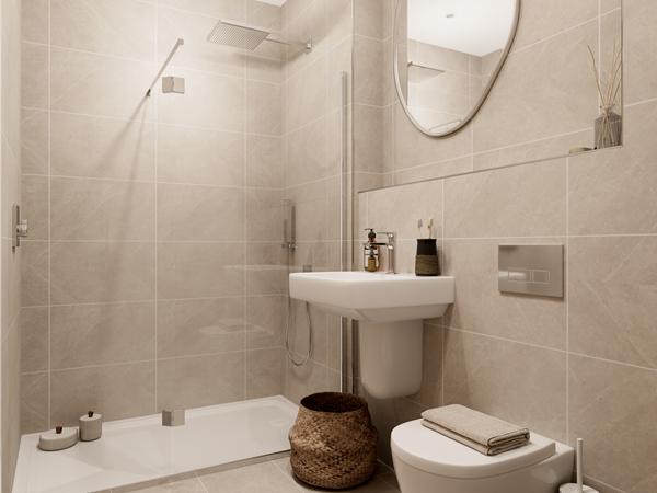 Elegant en-suite bathroom with beige tiles, a glass-enclosed shower, and a wall-mounted sink beneath a round mirror. A white toilet is positioned on the right, and decorative elements like a woven basket and reed diffuser add style.