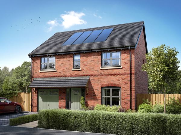 A photo of the Sandwood, a detached four-bedroom premium new home by Charles Church with an integral garage against a blue sky.
