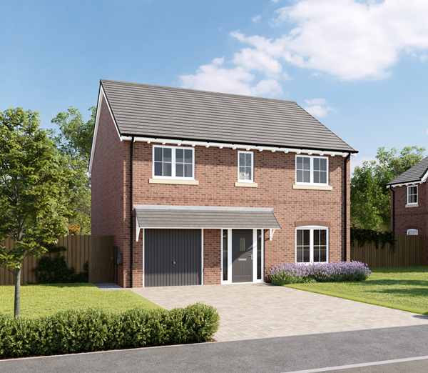 A photo of the Sandwood, a detached four-bedroom premium new home by Charles Church with an integral garage against a blue sky.