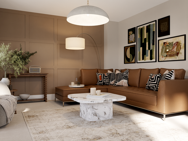 Stylish living room with a brown sectional sofa, patterned cushions, and a marble coffee table on a neutral rug. A paneled feature wall in warm brown tones adds depth, and framed artwork decorates the wall. A large pendant light hangs from the ceiling, and a console table with decor sits against the wall.