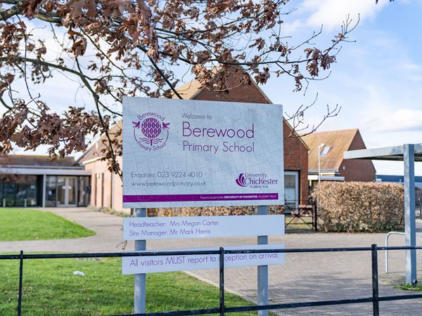 Berewood Primary School sign at the entrance to the school.
