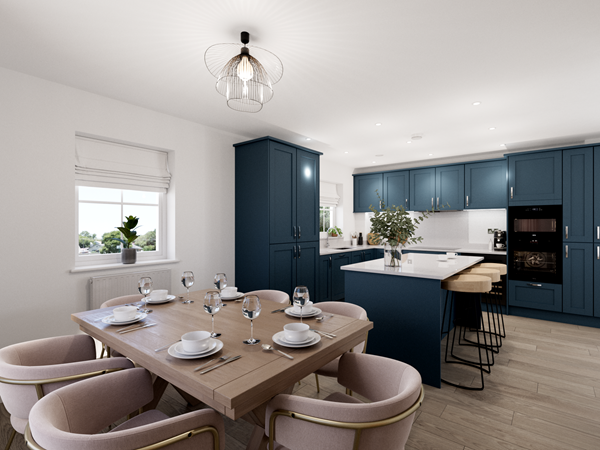 Modern open-plan kitchen and dining area with navy blue cabinets, white countertops, and a central island with wooden bar stools. A wooden dining table is set with white plates, glasses, and cutlery, surrounded by upholstered chairs in soft beige tones. A wire-frame pendant light hangs from the ceiling, and a window with white blinds brings in natural light.