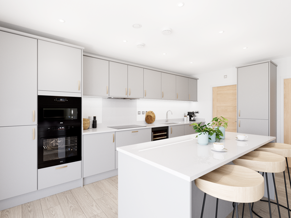 Bright modern kitchen with grey cabinets, white quartz island, built-in oven and wooden bar stools for a sleek look