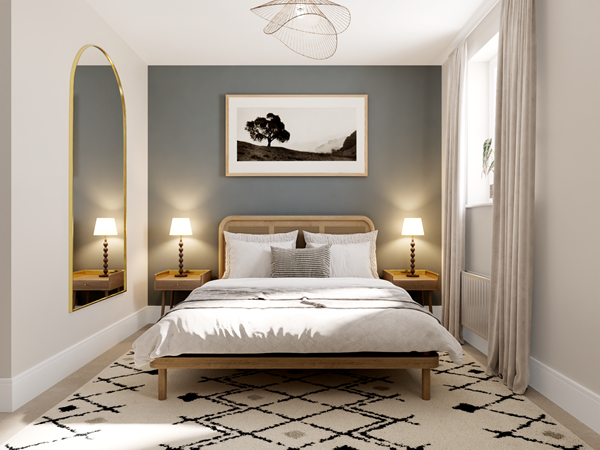 Modern bedroom with a large bed dressed in neutral bedding and cushions. A dark gray feature wall adds contrast, complemented by wooden bedside tables and lamps. A tall arched mirror stands against the wall, and a patterned rug covers the floor.