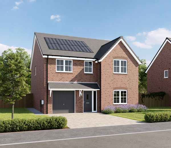 Two-story detached brick house with a gray tiled roof and solar panels. Features a garage on the left, white-framed windows, and a gray front door. A paved driveway and landscaped front garden with lavender plants complete the exterior.