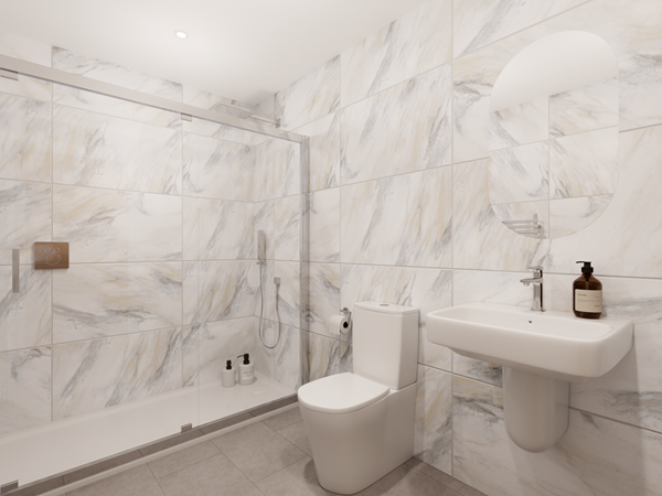 Modern ensuite bathroom with marble-effect tiles, walk-in glass shower, wall-mounted sink and toilet