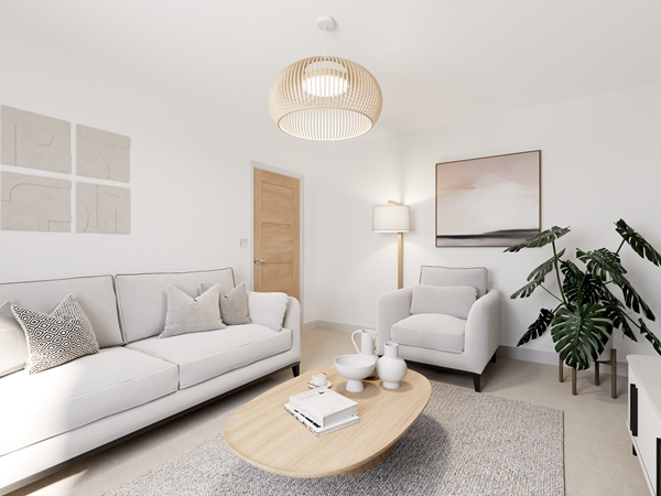 Bright living room with a light gray sofa, matching armchair, and a wooden oval coffee table. Neutral decor includes a textured rug, abstract wall art, and a floor lamp in the corner. A large potted plant adds greenery, and a woven pendant light hangs from the ceiling.