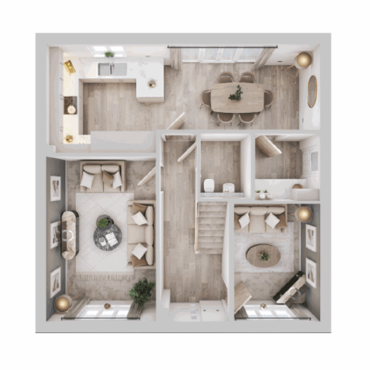 The Hastings ground-floor layout with kitchen-diner and two living rooms.