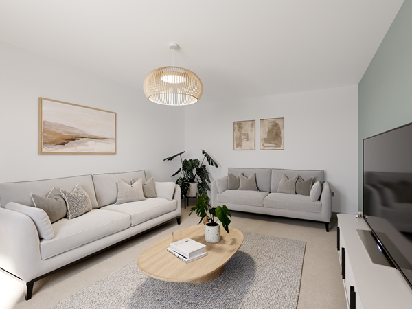 Contemporary living room with two light grey sofas, wooden coffee table, neutral décor and indoor plants for a cosy feel