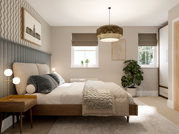 Modern bedroom with a large bed featuring a wooden frame and neutral bedding. A gray feature wall with a textured design adds interest, complemented by wooden bedside tables and contemporary lamps. Two windows with Roman blinds provide natural light.