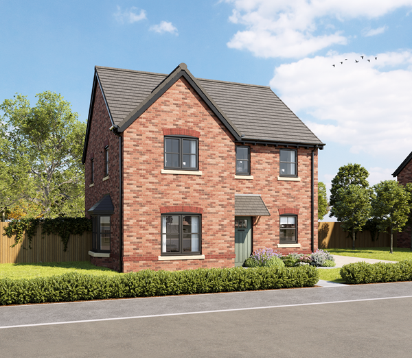 Two-story detached brick house with a gray tiled roof and black-framed windows. The front features a green door with a small porch, a paved driveway, and landscaped borders with lavender plants. A wooden fence and trees are visible in the background under a clear blue sky.