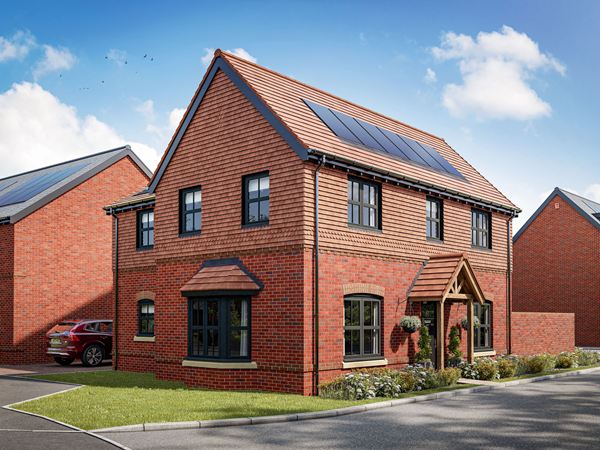 Front view of a detached new build home with red brick and timber-clad exterior, solar panels and landscaped front garden.