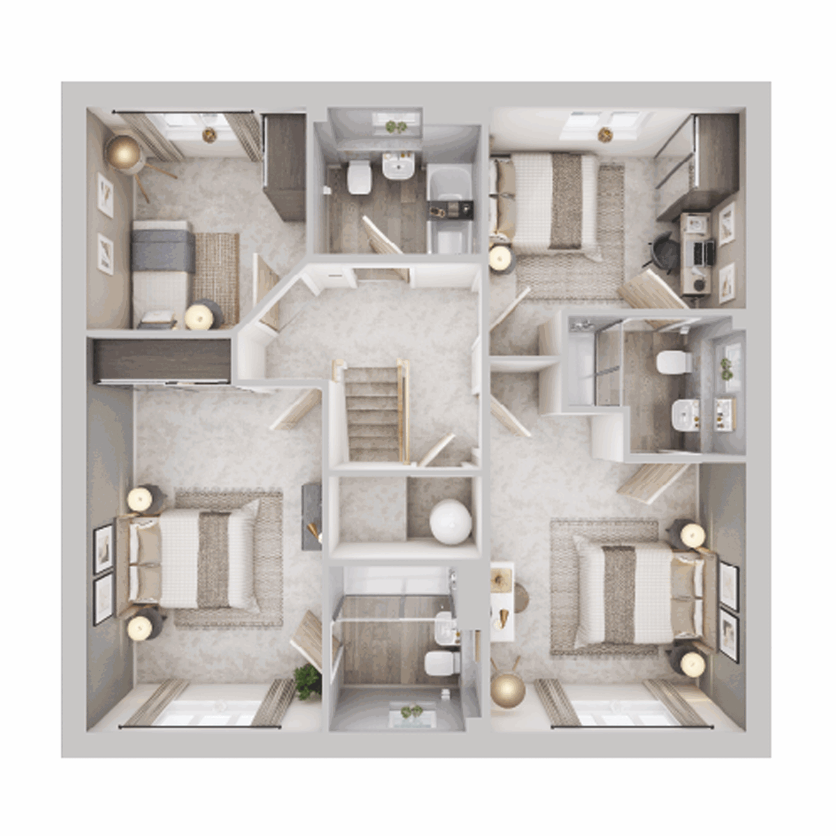 3D floor plan showing four bedrooms, bathroom and en suite.